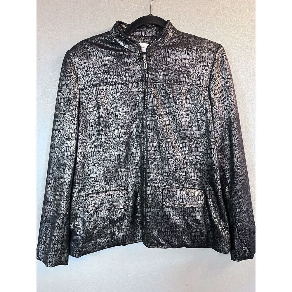 Alfred Dunner Women's Jacket sz 8 Gunmetal Gray Metallic Lizard Print Lined Zip